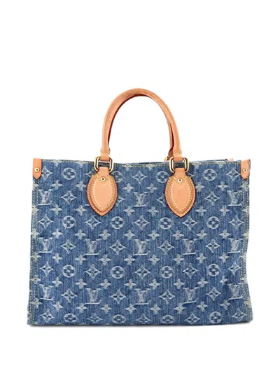 Pre-owned Louis Vuitton Onthego Monogram Denim Mm Tote Bag In Blue
