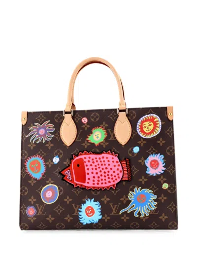 Pre-owned Louis Vuitton Onthego Yayoi Kusama Faces Monogram Canvas Mm Tote Bag In Brown
