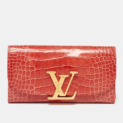 Pre-owned Louis Vuitton Orange Alligator Leather Vivienne Lv Long Wallet