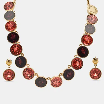 Pre-owned Louis Vuitton Over The Rainbow Crystal Gold Tone Necklace Earrings & Ring Set In Multi