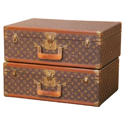 Pre-owned Louis Vuitton Pair Of Vintage  Monogram Hard Alzer Suitcases In Brown