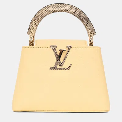 Pre-owned Louis Vuitton Pale Yellow Grained Leather Python Trim Mini Capucines Top Handle With Strap
