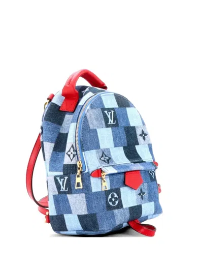 Pre-owned Louis Vuitton Palm Springs Damier And Monogram Patchwork Denim Mini Backpack In Blue