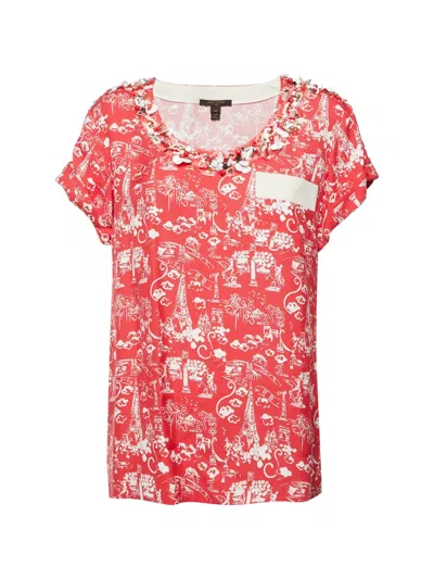 Pre-owned Louis Vuitton Paris Art-print Bead-embellished Blouse In Red