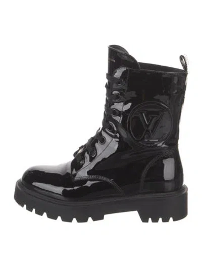 Pre-owned Louis Vuitton Patent Leather Graphic Print Lace-up Boots In Black