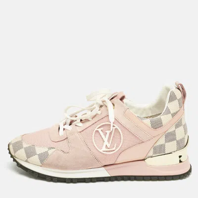 Pre-owned Louis Vuitton Peach Pink/white Suede Mesh And Damier Azur Canvas Run Away Sneakers Size 38