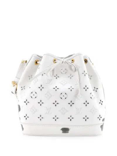 Pre-owned Louis Vuitton Petit Noe Nm Handbag Monogram Cutout Broderie Leather Bucket Bag In White