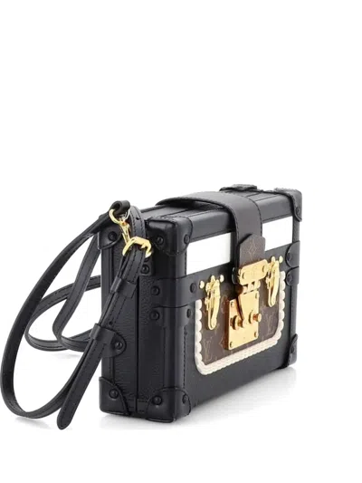 Pre-owned Louis Vuitton Petite Malle Handbag Leather And Monogram Canvas With Trompe L'oeil Braid Clutch Bag In Black