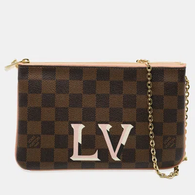 Pre-owned Louis Vuitton Pink Damier Ebene Canvas Double Zip Pochette Bag In Brown