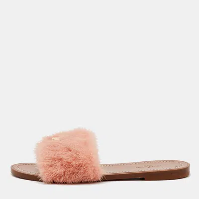Pre-owned Louis Vuitton Pink Mink Fur Lock It Flat Slide Sandals Size 36