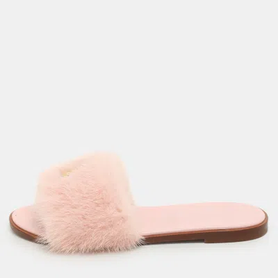 Pre-owned Louis Vuitton Pink Mink Fur Lock It Flat Slides Size 38