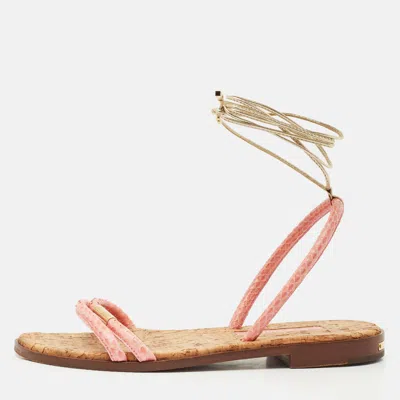 Pre-owned Louis Vuitton Pink Snakeskin Sunseeker Flat Sandals Size 35.5