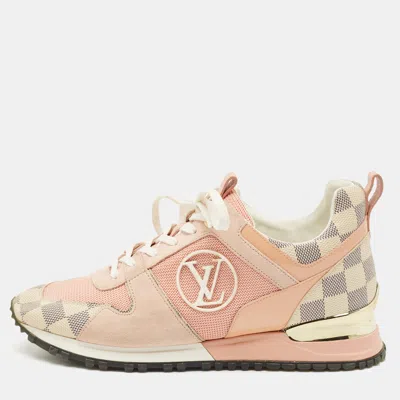 Pre-owned Louis Vuitton Pink Suede Mesh And Damier Azur Canvas Run Away Sneakers Size 37.5