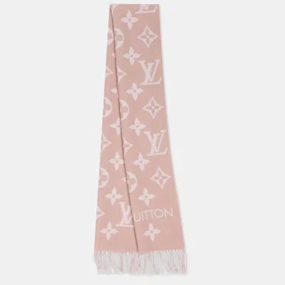 Pre-owned Louis Vuitton Pink/off White Monogram Wool Scarf