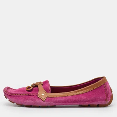 Pre-owned Louis Vuitton Pink/tan Suede And Leather Charm Slip On Loafers Size 41