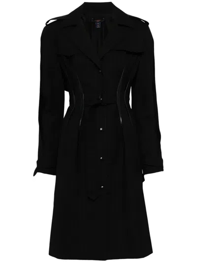 Pre-owned Louis Vuitton Pinstriped Belted Wool Coat In Black