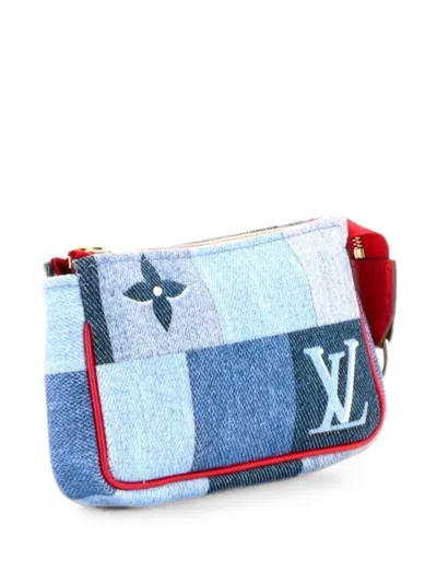 Pre-owned Louis Vuitton Pochette Accessoires Damier And Monogram Patchwork Denim Micro Clutch Bag In Blue