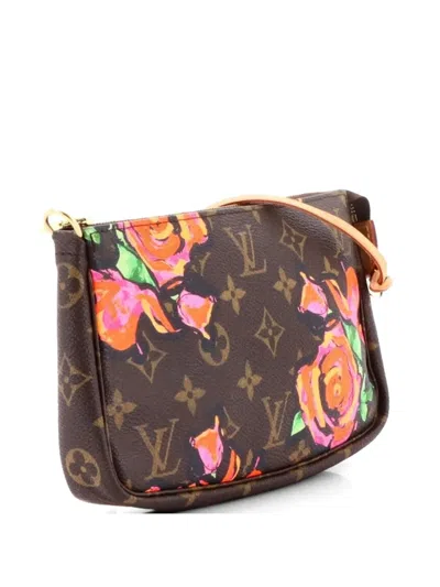 Pre-owned Louis Vuitton Pochette Accessoires Limited Edition Monogram Roses Shoulder Bag In Brown