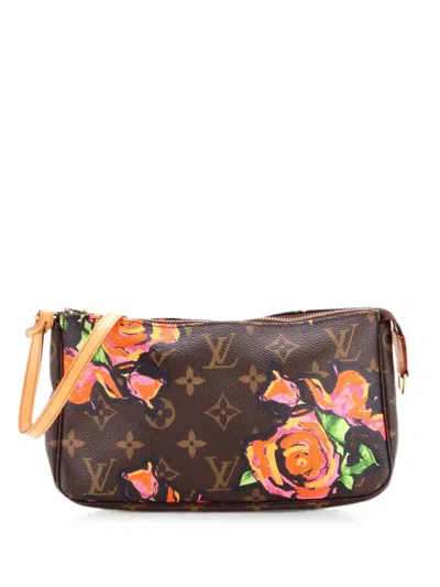 Pre-owned Louis Vuitton Pochette Accessoires Limited Edition Monogram Roses Shoulder Bag In Brown