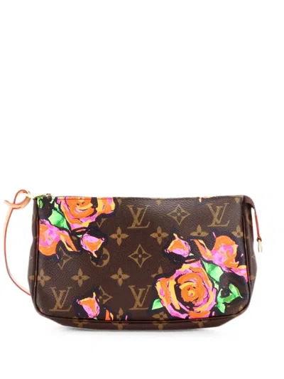 Pre-owned Louis Vuitton Pochette Accessoires Limited Edition Monogram Roses Shoulder Bag In Brown