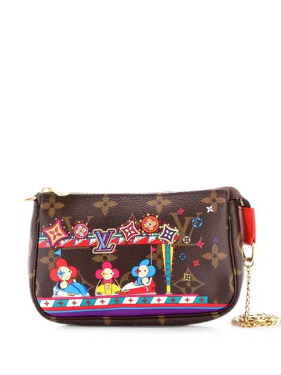 Pre-owned Louis Vuitton Pochette Accessoires Limited Edition Vivienne Xmas Monogram Canvas Mini Clutch Bag In Brown