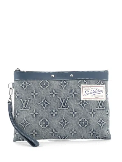 Pre-owned Louis Vuitton Pochette To Go Monogram Washed Denim Clutch Bag In Blue