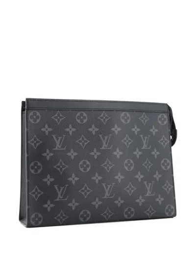Pre-owned Louis Vuitton Pochette Voyage Monogram Eclipse Canvas Mm Clutch Bag In Black