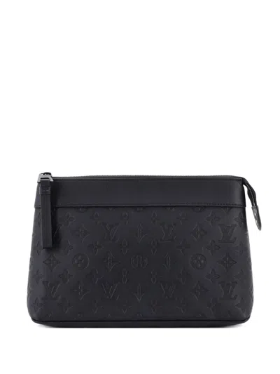 Pre-owned Louis Vuitton Pochette Voyage Souple Monogram Shadow Leather Clutch Bag In Black