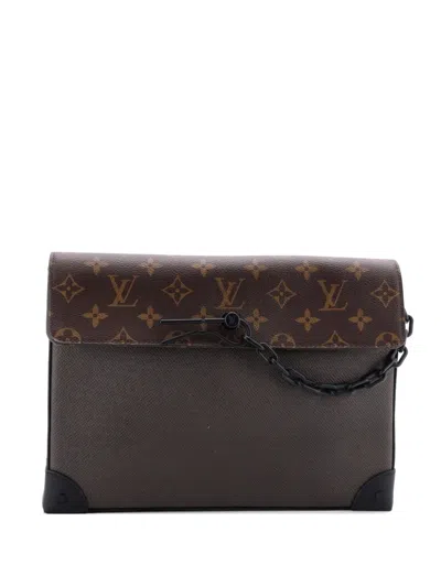Pre-owned Louis Vuitton Pochette Voyage Steamer Leather And Monogram Canvas Clutch Bag In Black