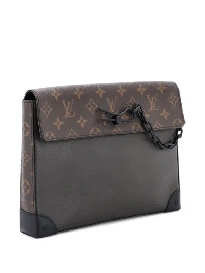 Pre-owned Louis Vuitton Pochette Voyage Steamer Leather And Monogram Canvas Clutch Bag In Brown