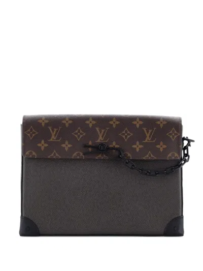 Pre-owned Louis Vuitton Pochette Voyage Steamer Leather And Monogram Canvas Clutch Bag In Brown