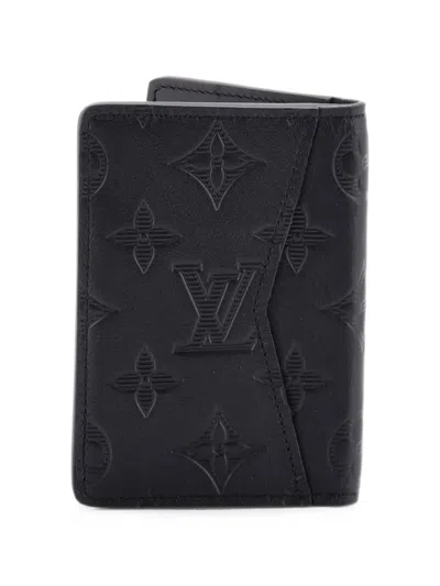 Pre-owned Louis Vuitton Pocket Organizer Monogram Shadow Leather Card Holder In Black