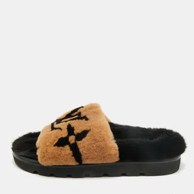 Pre-owned Louis Vuitton Pool Pillow Comfort Size 39 Brown/black Monogram Mink Fur Flat Slide