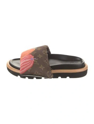 Pre-owned Louis Vuitton Printed Leather Trim Embellishment Slides In Brown