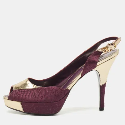 Pre-owned Louis Vuitton Purple/gold Fabric And Leather Peep Toe Slingback Pumps Size 38.5