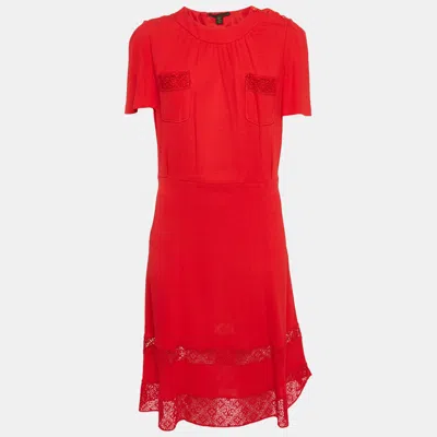 Pre-owned Louis Vuitton Red Crepe Lace Trimmed Short Dress L