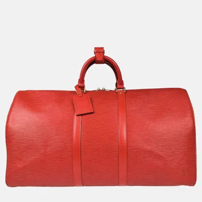 Pre-owned Louis Vuitton Red Epi Keepall 55 Travel Handbag