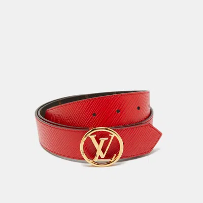 Pre-owned Louis Vuitton Red Epi Leather And Monogram Canvas Lv Circle Reversible Belt 80 Cm