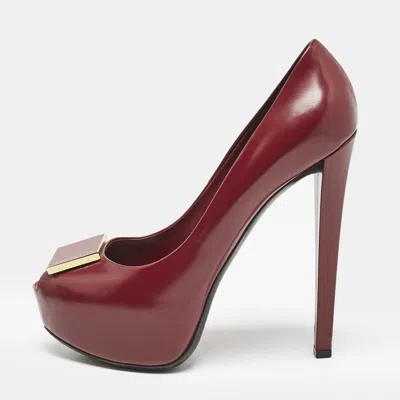 Pre-owned Louis Vuitton Red Leather Logo Plaque Platform Pumps Size 37.5