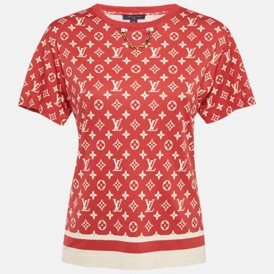 Pre-owned Louis Vuitton Red Logo Print Cotton Knit Chain Detail Crew Neck T-shirt Xs