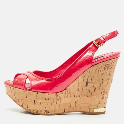 Pre-owned Louis Vuitton Red Monogram Vernis Patent Wedge Sandals Size 37.5