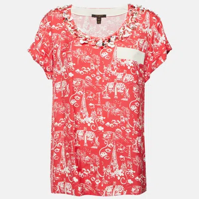 Pre-owned Louis Vuitton Red Paris Art Print Crepe Bead Embellished Blouse M
