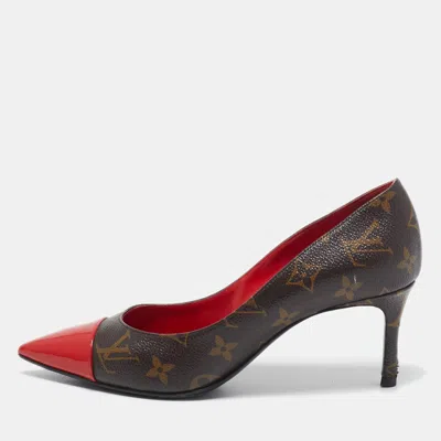 Pre-owned Louis Vuitton Red Patent Leather And Monogram Canvas Cherie Pumps Size 38