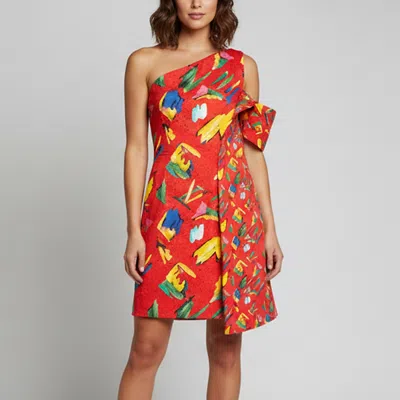 Pre-owned Louis Vuitton Red Printed Cotton One Shoulder Draped Dress M