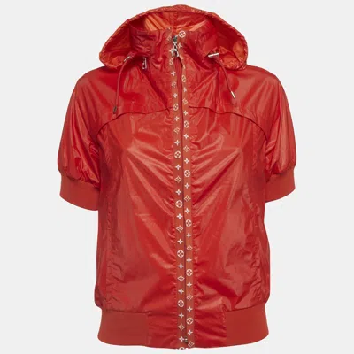 Pre-owned Louis Vuitton Red Synthetic Lv Monogram Trim Hooded Jacket S