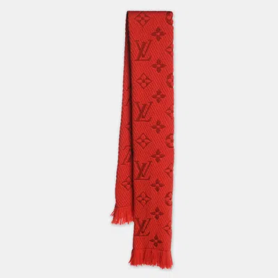 Pre-owned Louis Vuitton Red Wool & Silk Jacquard Logomania Scarf