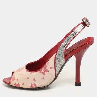 Pre-owned Louis Vuitton Red/silver Python And Satin Limited Edition Takashi Murakami Slingback Sandals Size 36