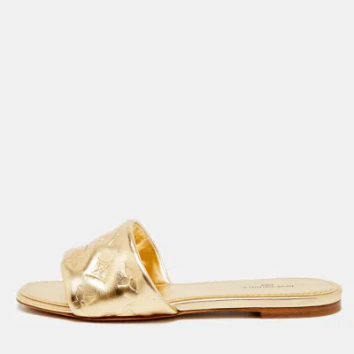 Pre-owned Louis Vuitton Revival Size 38 Gold Monogram Leather Flat Slide