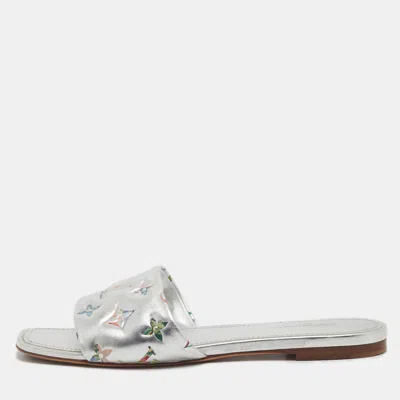 Pre-owned Louis Vuitton Revival Size 38 Slivers Monogram Leather Flat Slide In Silver
