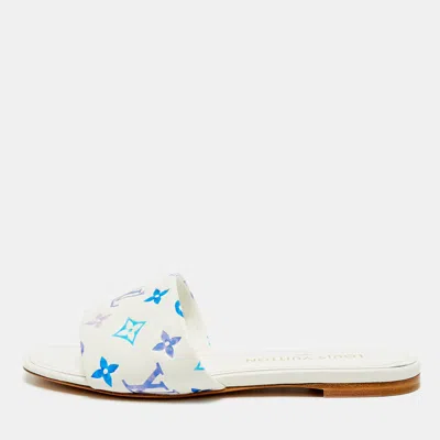 Pre-owned Louis Vuitton Revival Size 38 White/blue Monogram Leather Flat Slide